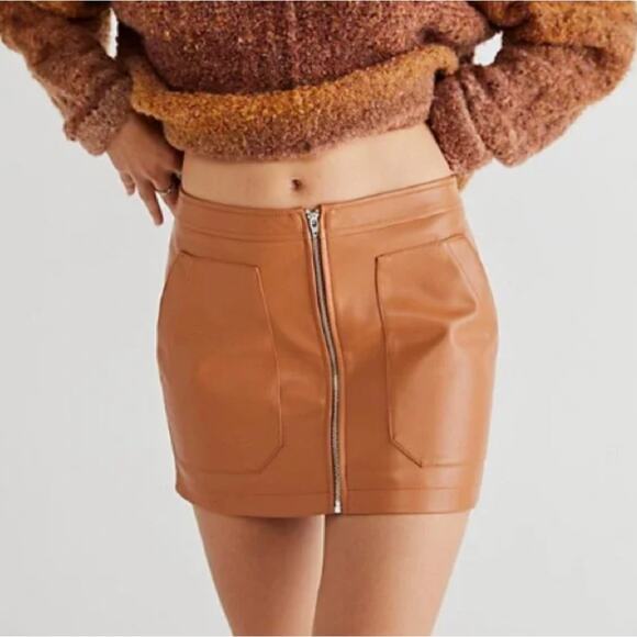 Free People Skirt 4 Brown Maya Mod Faux Leather Mini Light Sand Western Boho - Picture 1 of 13